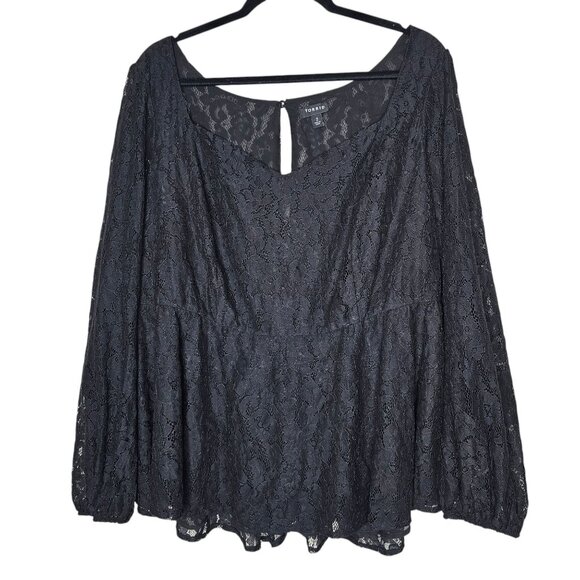 Torrid 2x Black Balloon Sleeve Peplum Lace Top Whimsigoth Dark Cottage Romantic - Picture 2 of 7